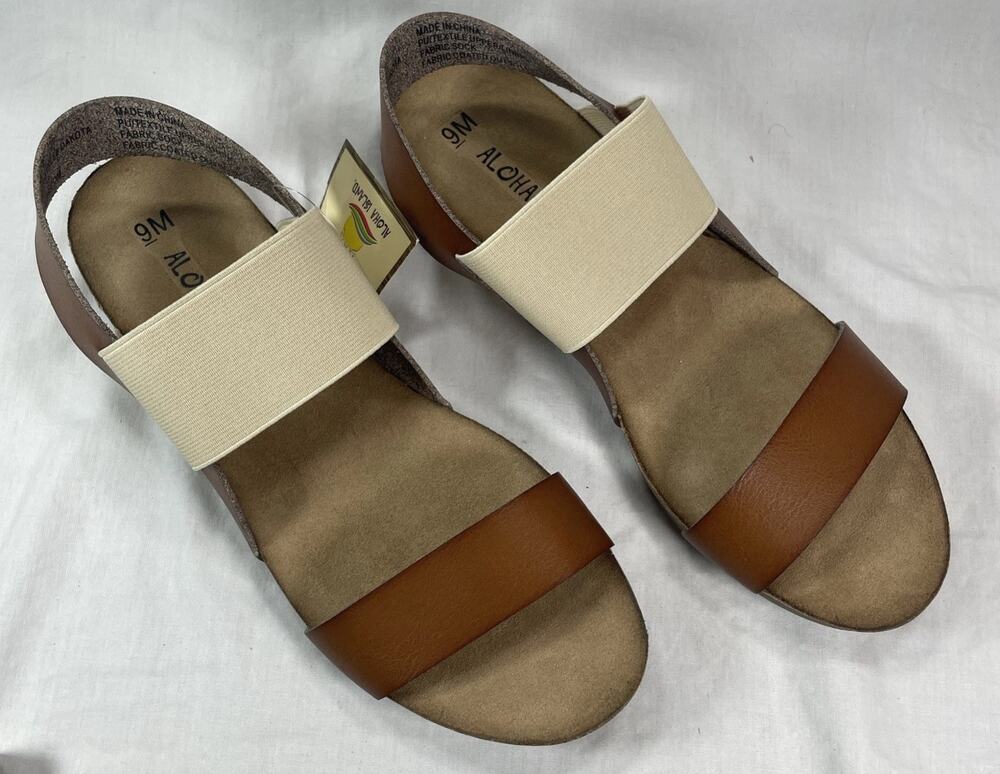 Women’s Light Beige & Brown Leather Sandals ALOHA ISLAND STRETCH Slip-on 9M New